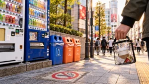Visitor carrying a small bag of rubbish beside drink-container collection boxes on a Tokyo street