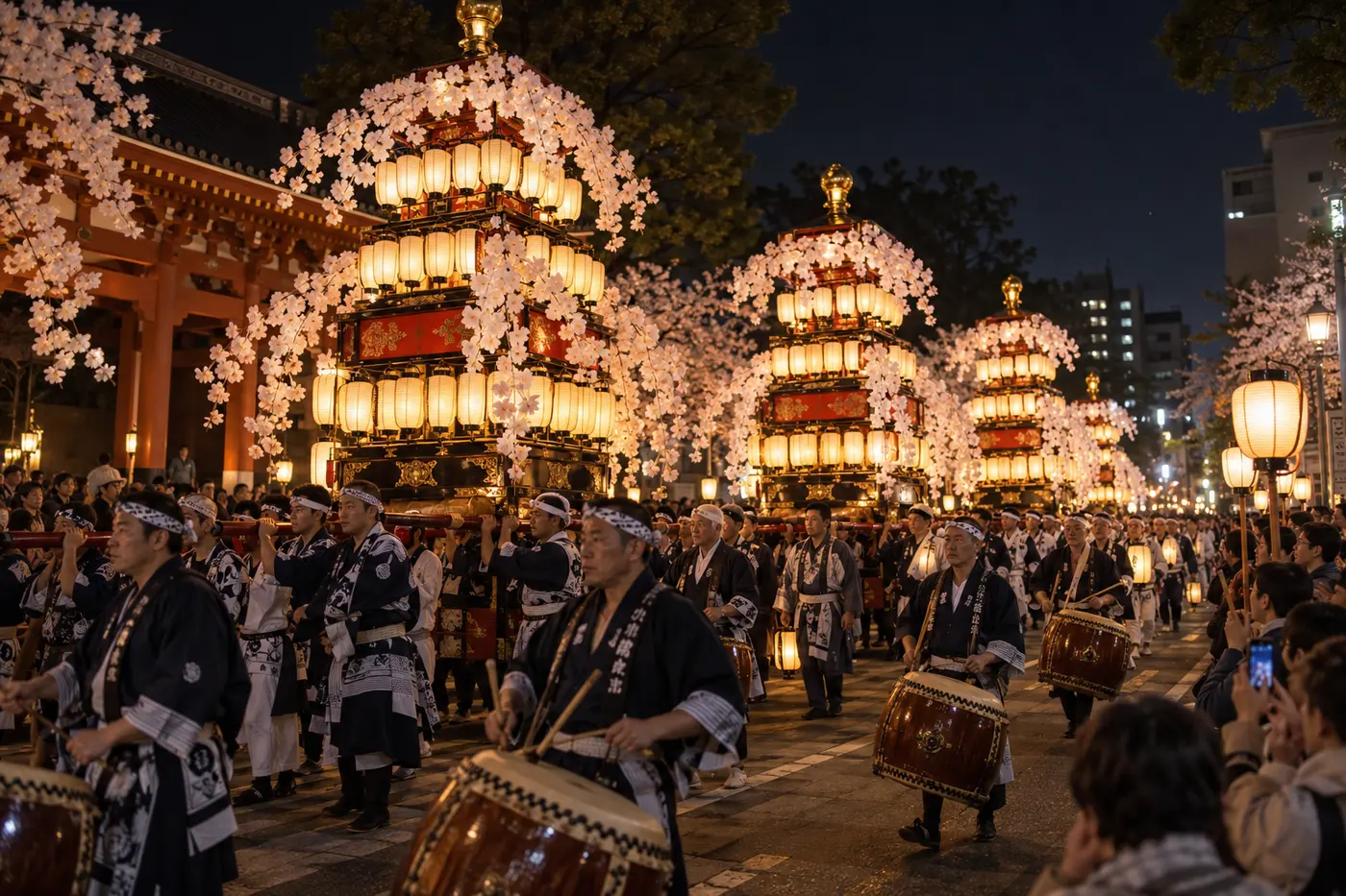 Illuminated flower-decorated lantern towers and drummers in a nighttime Japanese procession