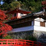 Red maple leaves beside a Japanese temple and vermilion bridge