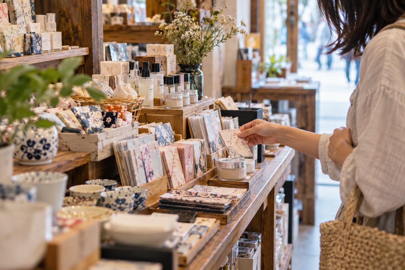 Traveler choosing stationery and souvenirs in a shop