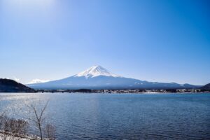 Mount Fuji rising across Lake Kawaguchiko on a clear day