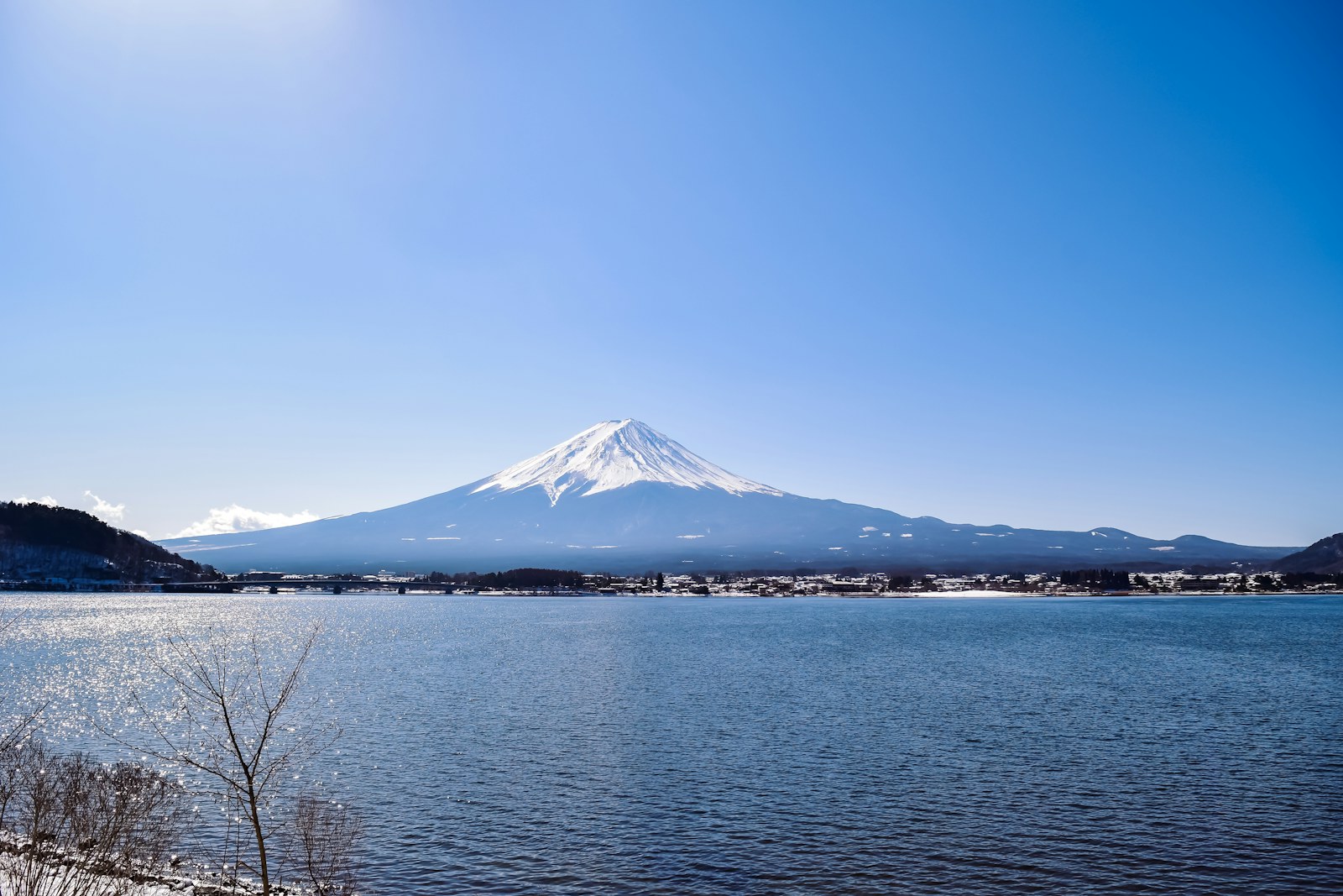Mount Fuji across Lake Kawaguchiko on a clear day