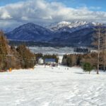 Snowy ski slope and mountain view in Hakuba, Japan