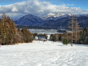 Snowy ski slope and mountain view in Hakuba, Japan