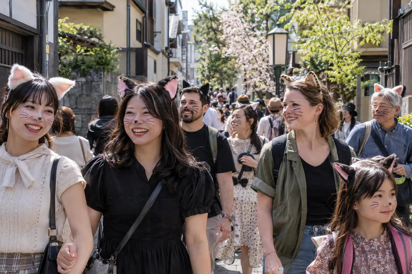 Visitors wearing cat ears and whisker makeup walking through a Tokyo neighborhood