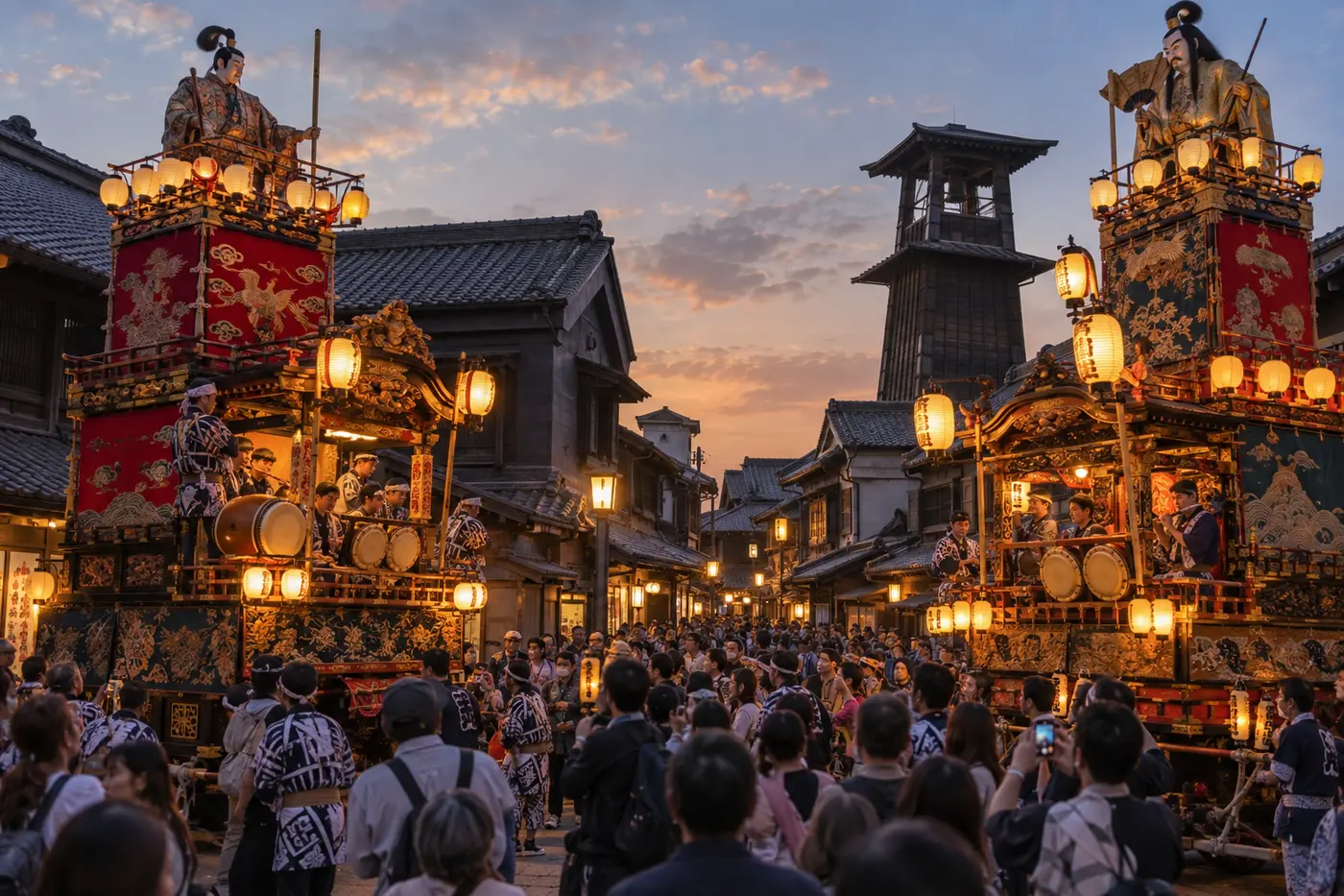 Two ornate lantern-lit dashi floats facing each other in a historic Japanese street at dusk
