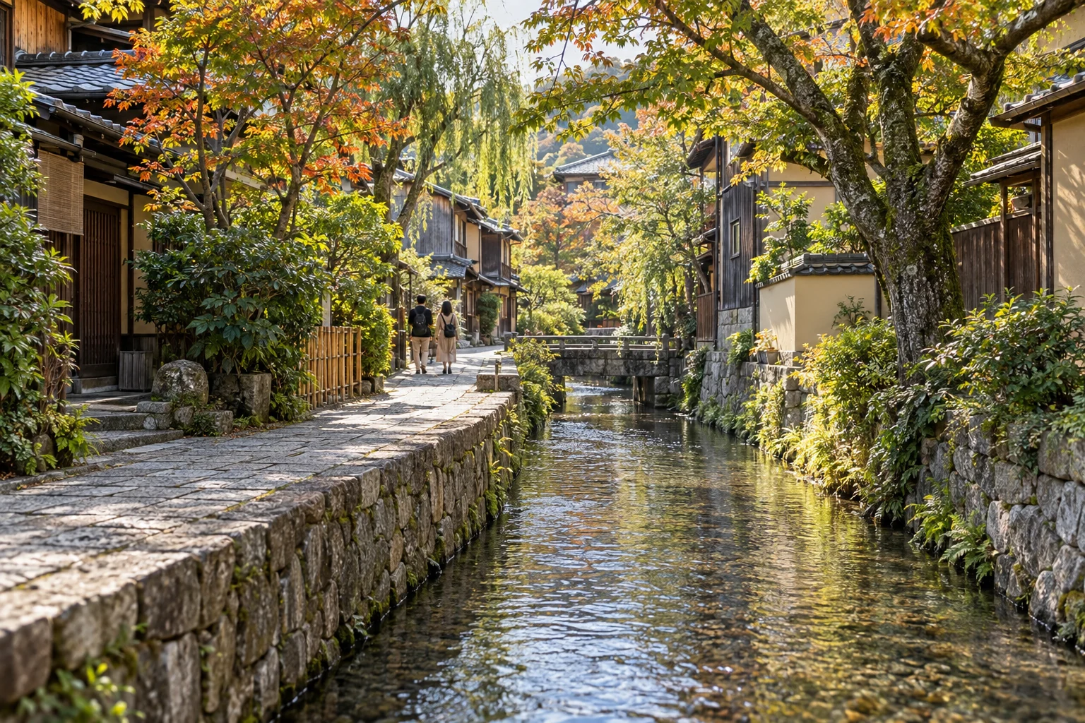 Peaceful tree-lined canal walking path in Kyoto