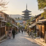 Historic Kyoto street and tiled wooden buildings in the Higashiyama area