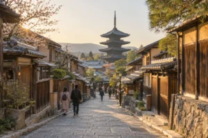 Historic Kyoto street and tiled wooden buildings in the Higashiyama area
