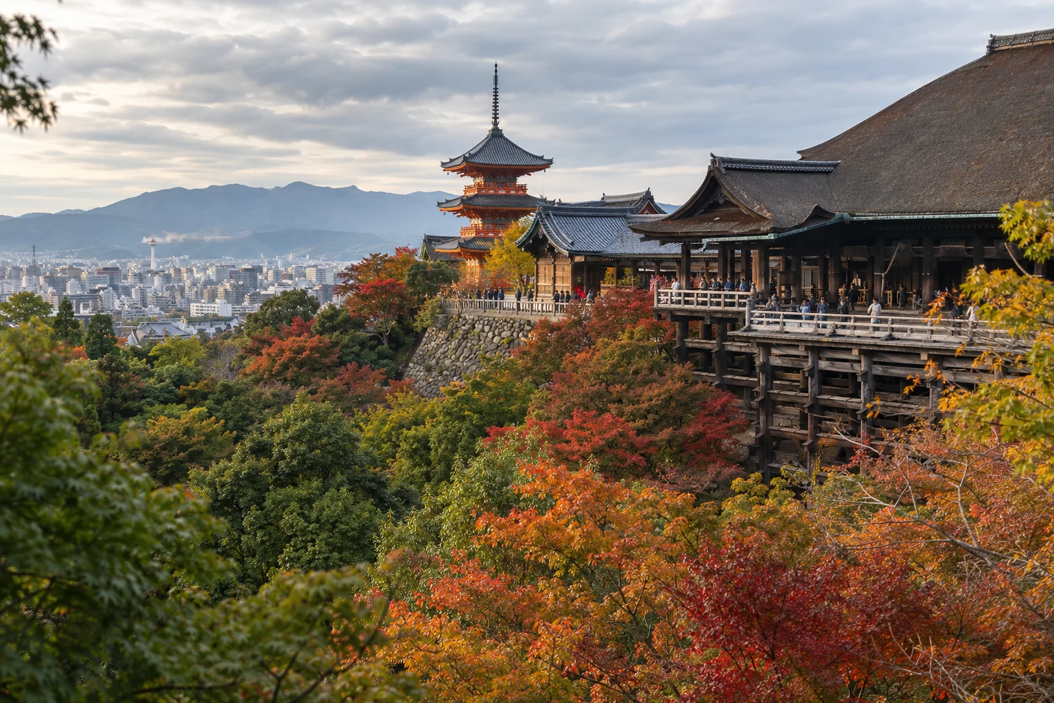Traditional wooden temple architecture in Kyoto's eastern hills