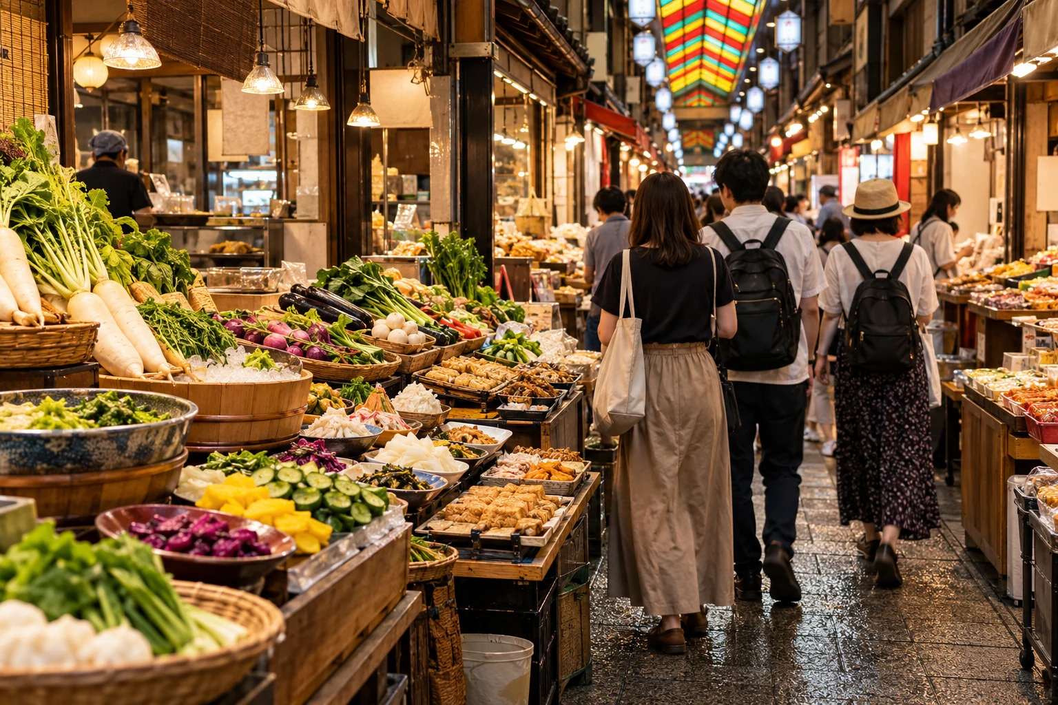 Fresh produce and prepared foods in a covered Kyoto market lane