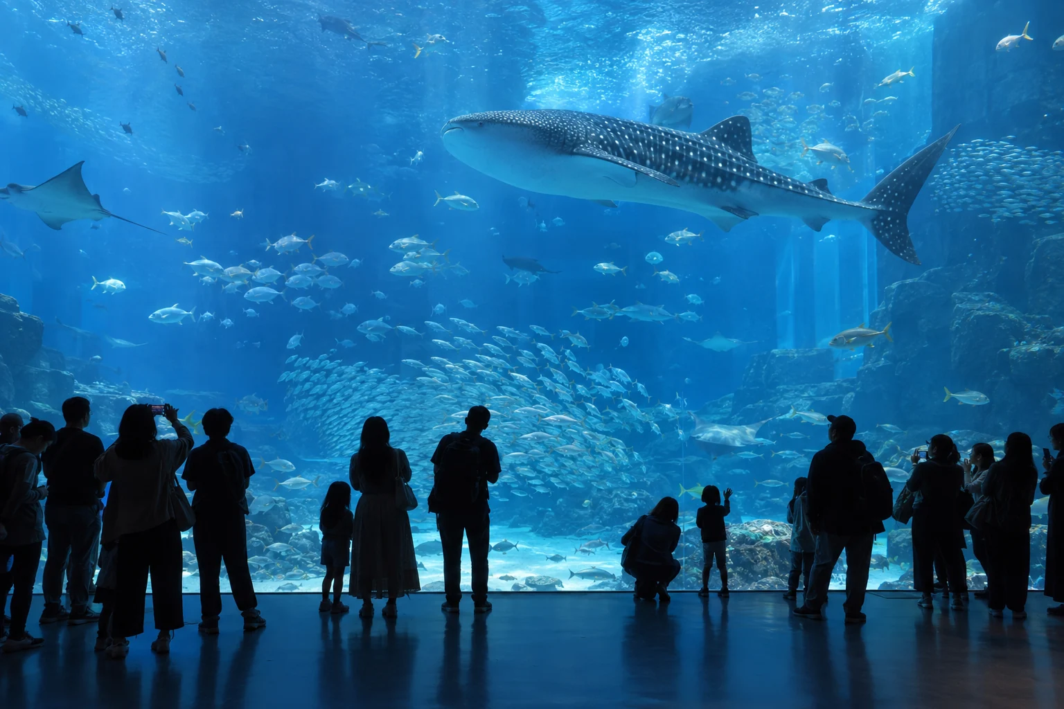 Visitors looking at a whale shark in a large aquarium tank