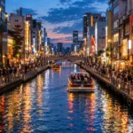 Dotonbori canal and riverside at dusk in Osaka