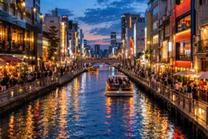 Dotonbori canal and riverside at dusk in Osaka