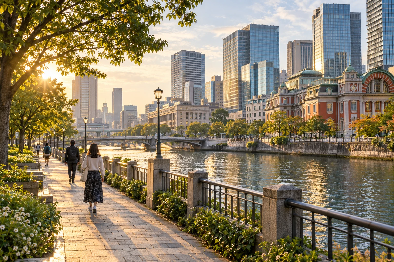 Tree-lined river walk with historic buildings in central Osaka