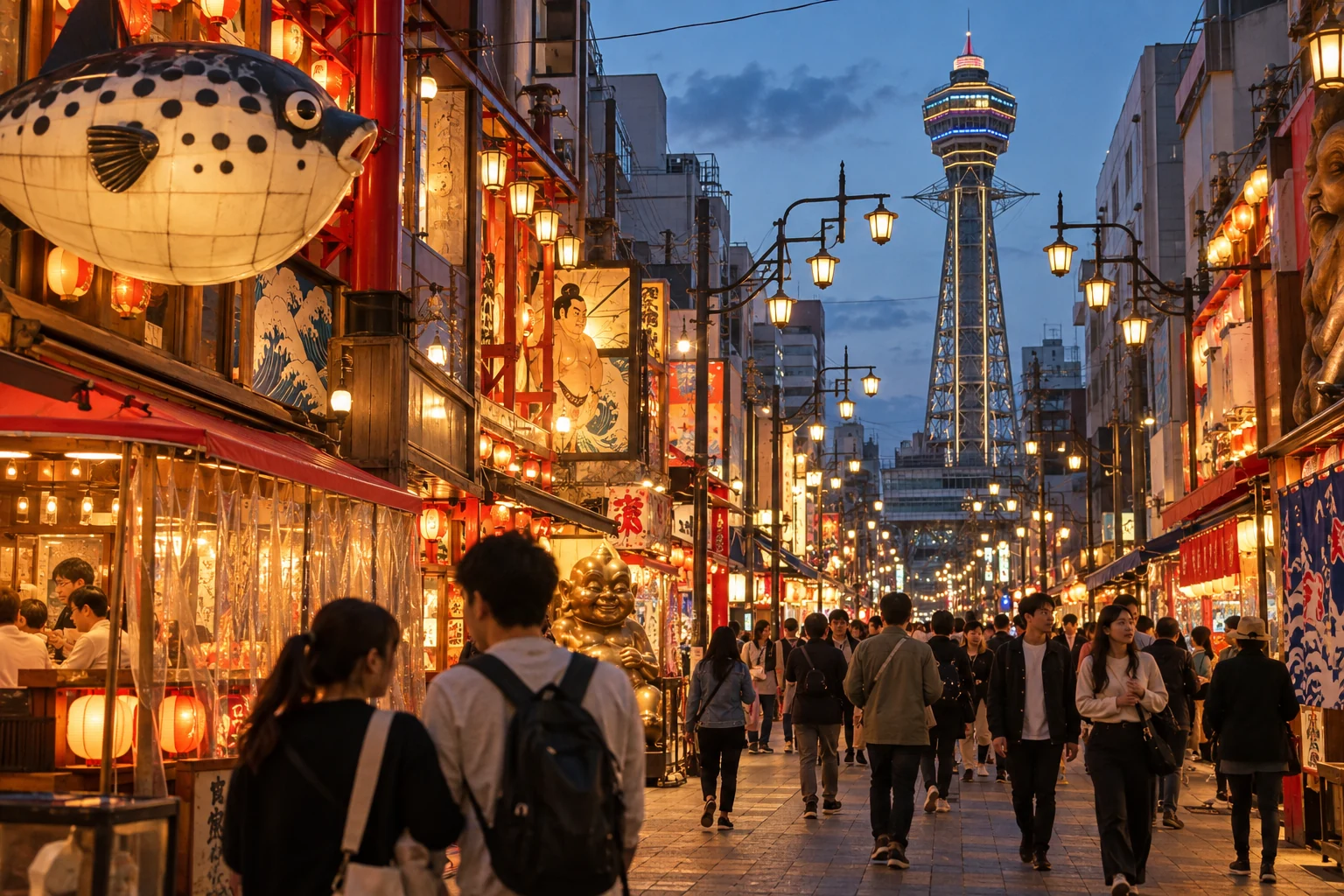 Shinsekai entertainment streets around Tsutenkaku Tower
