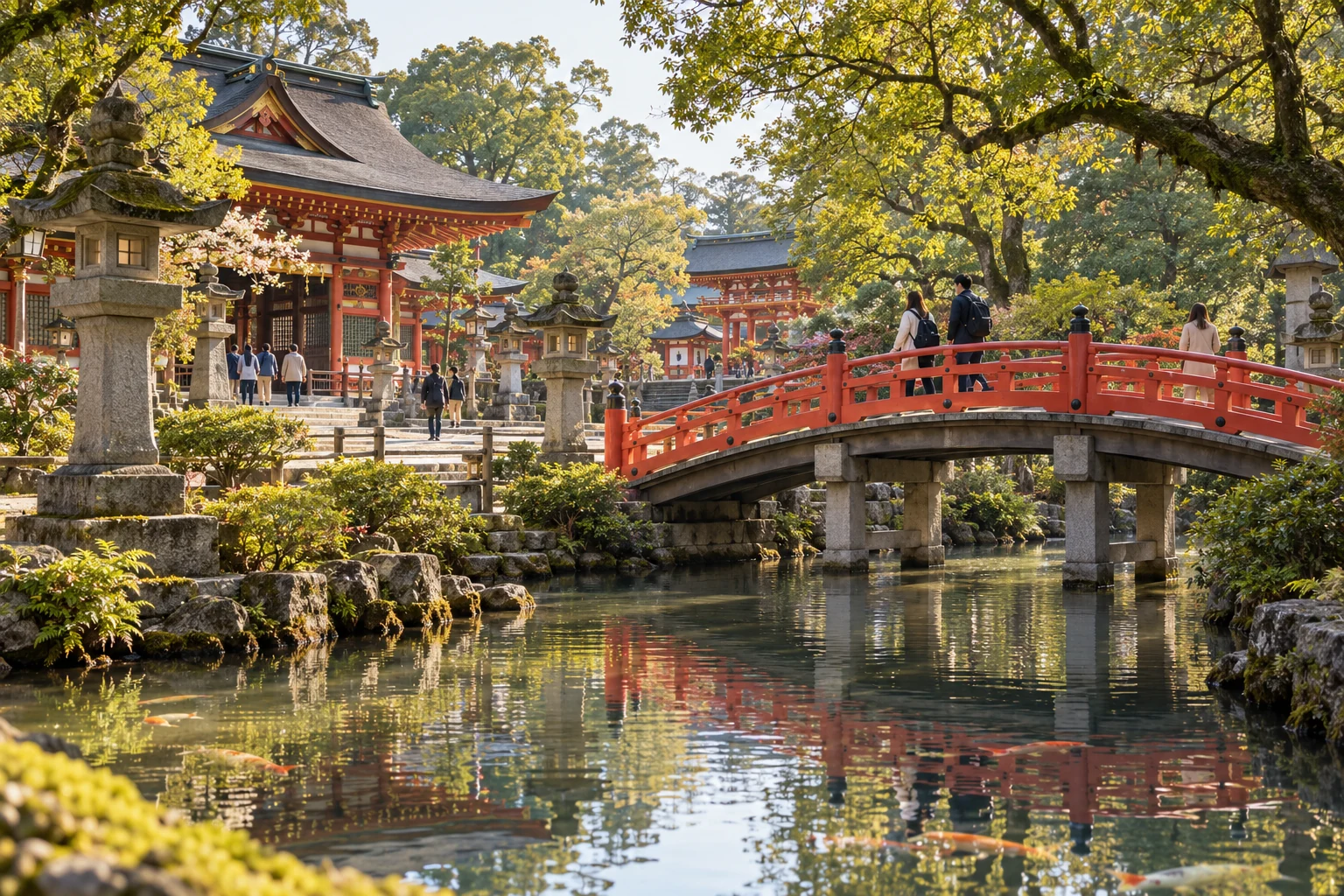 Shrine grounds and a red arched bridge in Osaka
