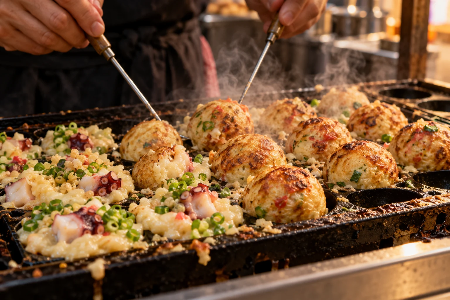Takoyaki prepared on a griddle in an Osaka food street