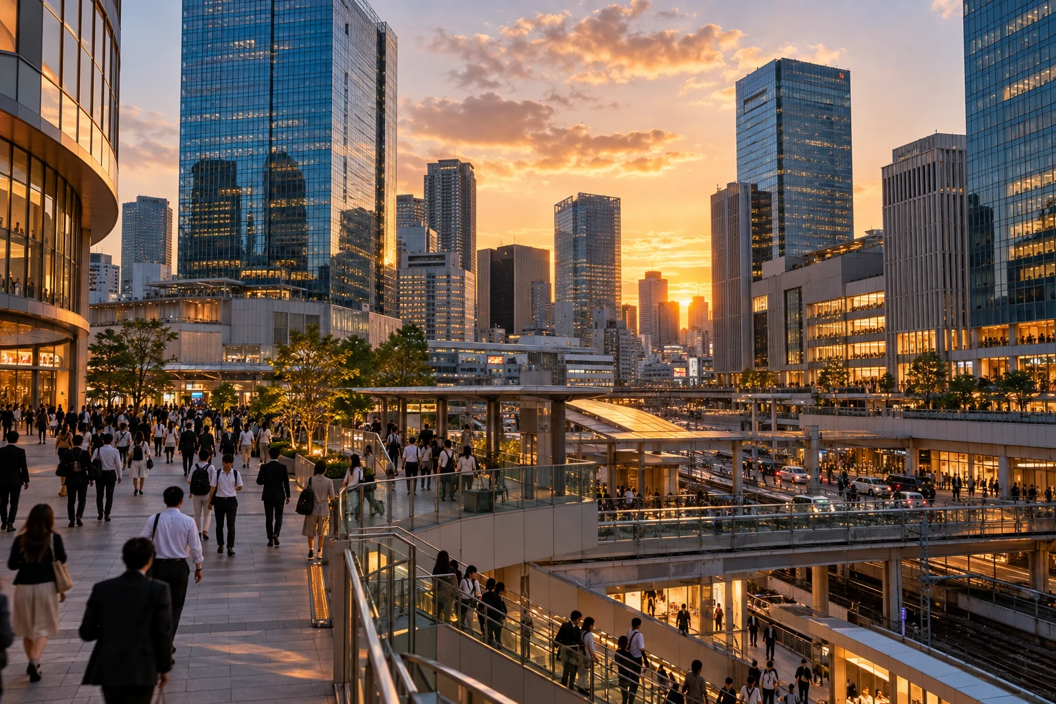 Evening skyline and pedestrian terraces in the Umeda district of Osaka
