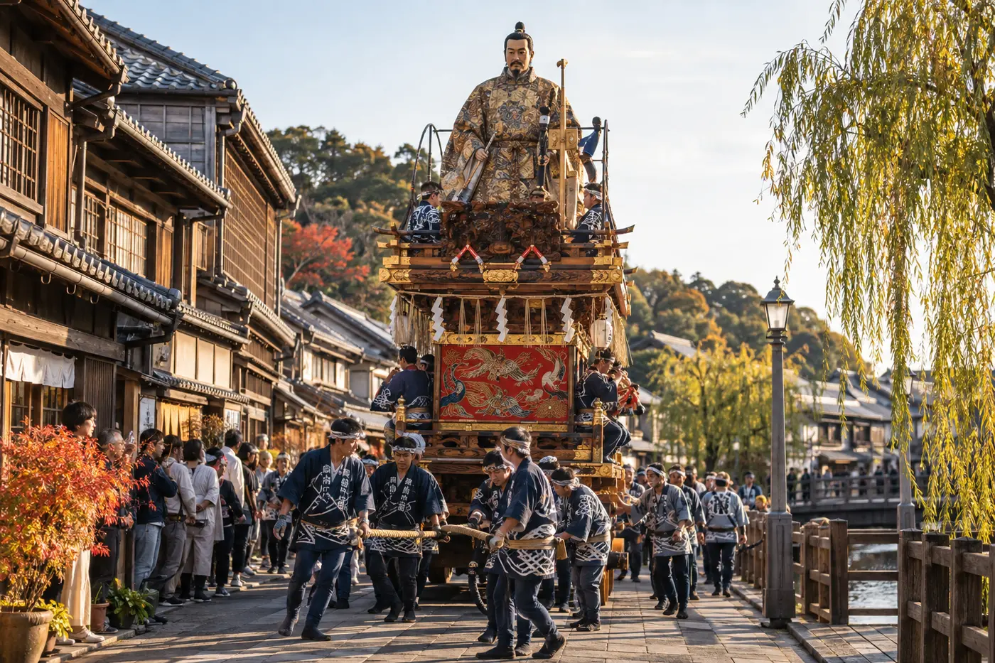 Traditional tall festival float moving through a historic Japanese street in Sawara