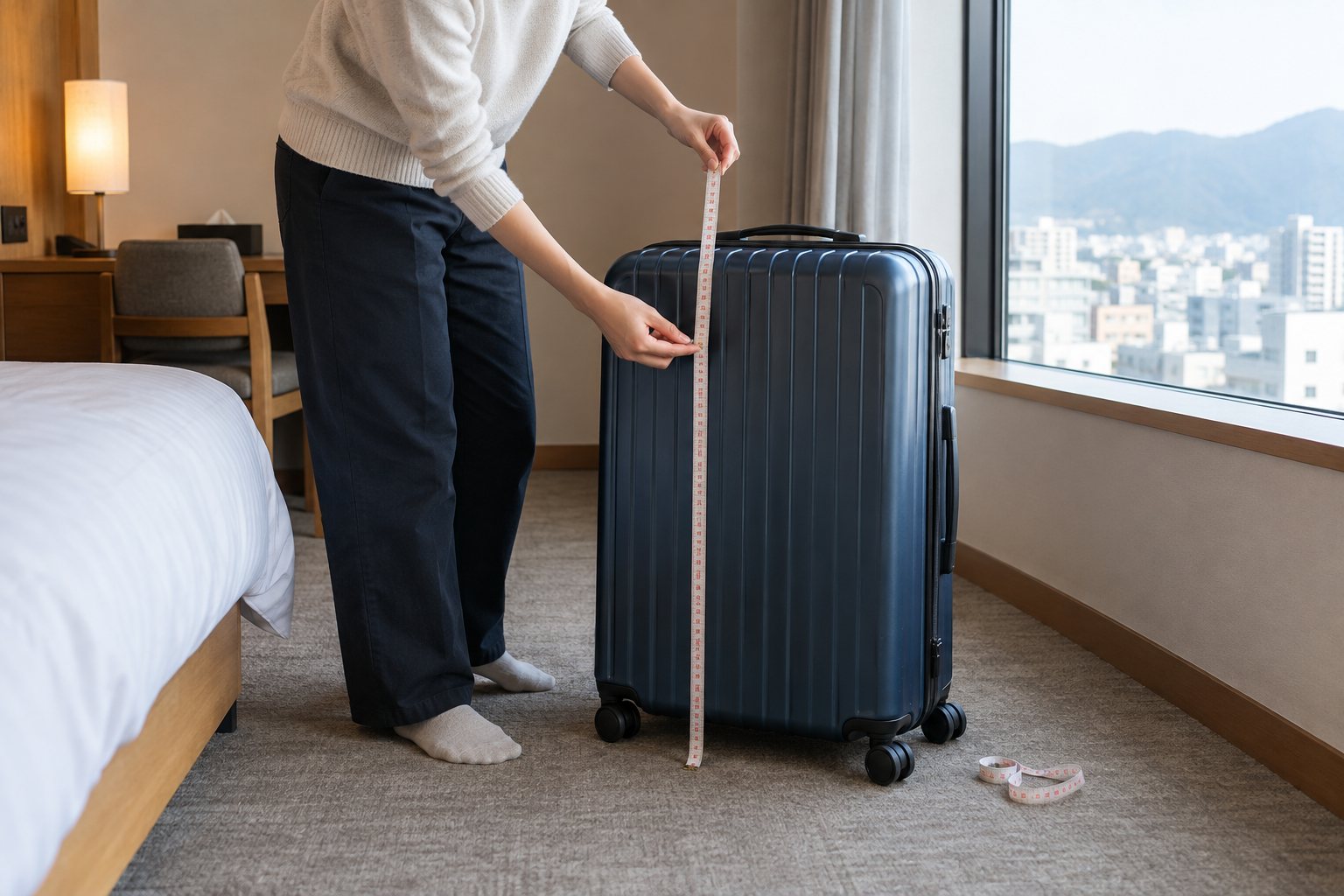 Traveler measuring suitcase height with a tape measure in a hotel room; AI-generated illustrative image