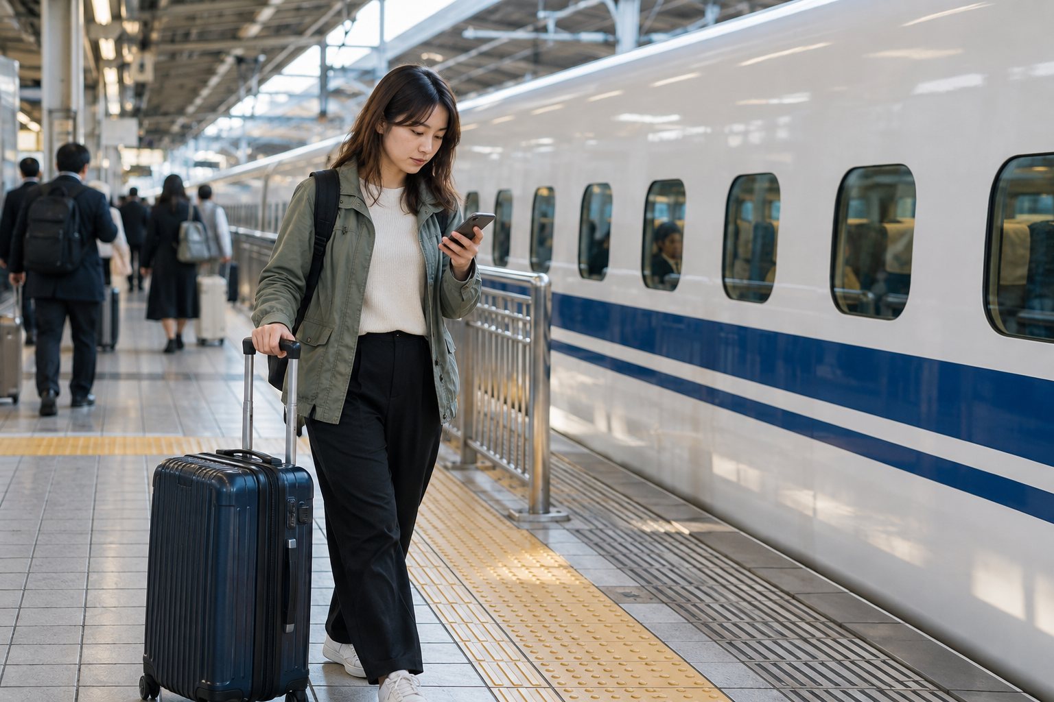 Traveler with a suitcase checking a phone beside a high-speed train; AI-generated illustrative image