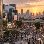 Tokyo skyline and busy crossing at sunset
