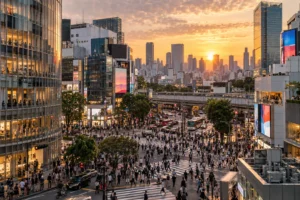 Tokyo skyline and busy crossing at sunset