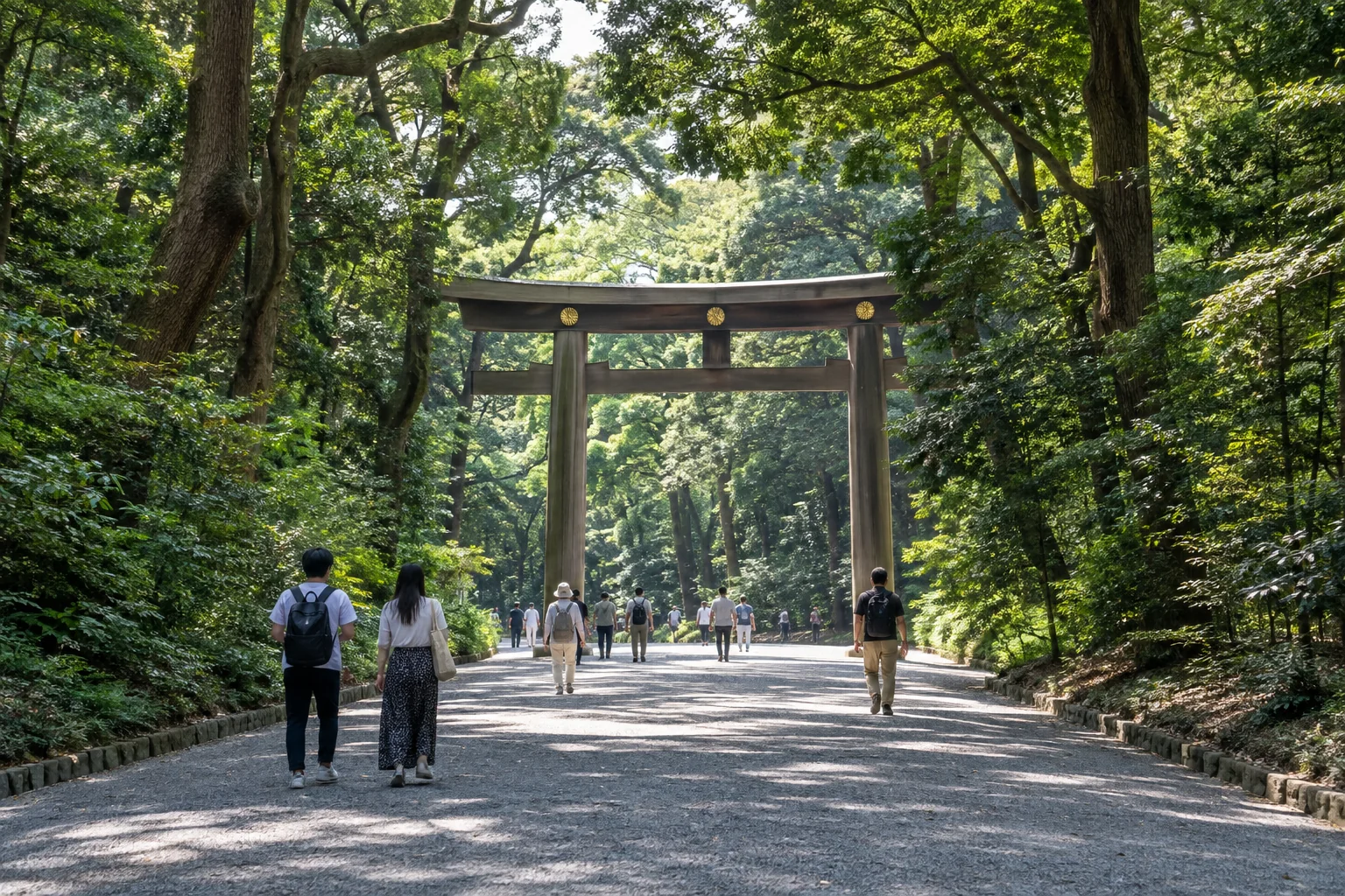 Wooden torii gate along a forested approach to Meiji Jingu in Tokyo