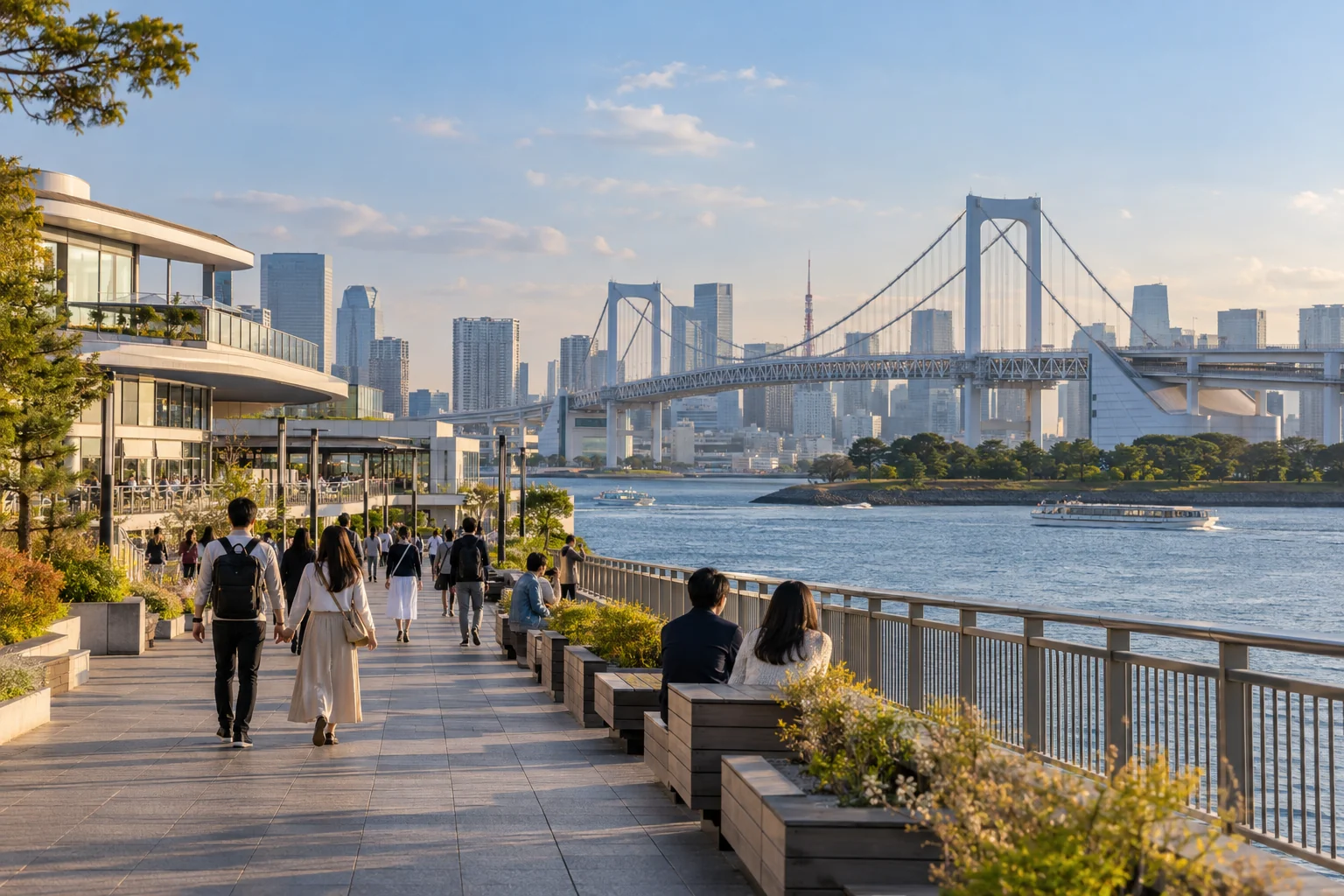 Tokyo Bay waterfront at dusk with a bridge and city skyline
