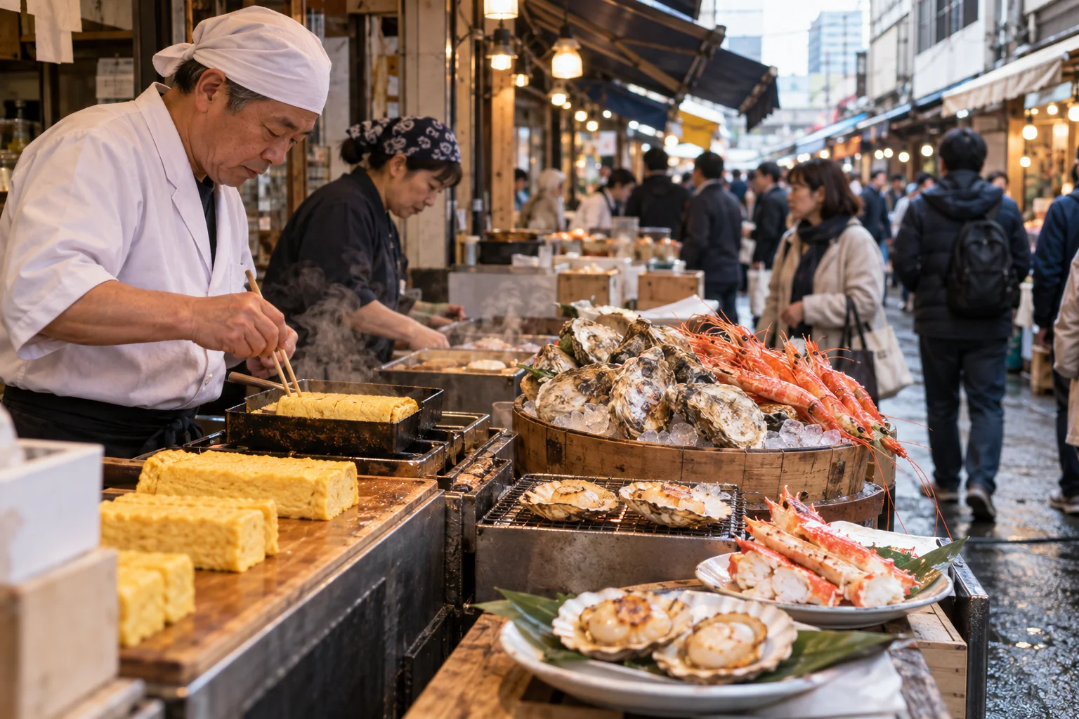 Food stall and visitors in a Tokyo market lane