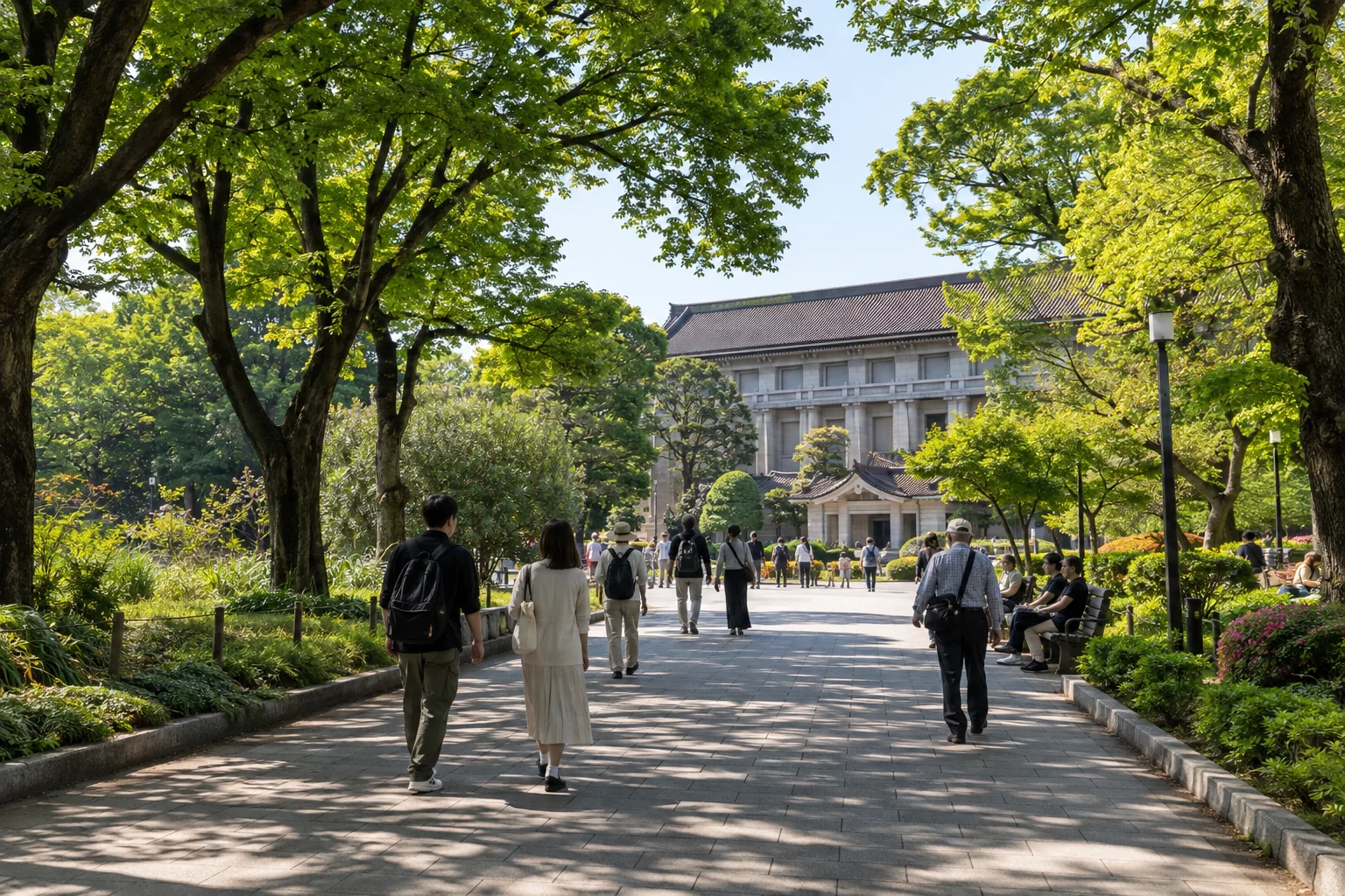 Tree-lined walk and visitors in Ueno Park, Tokyo