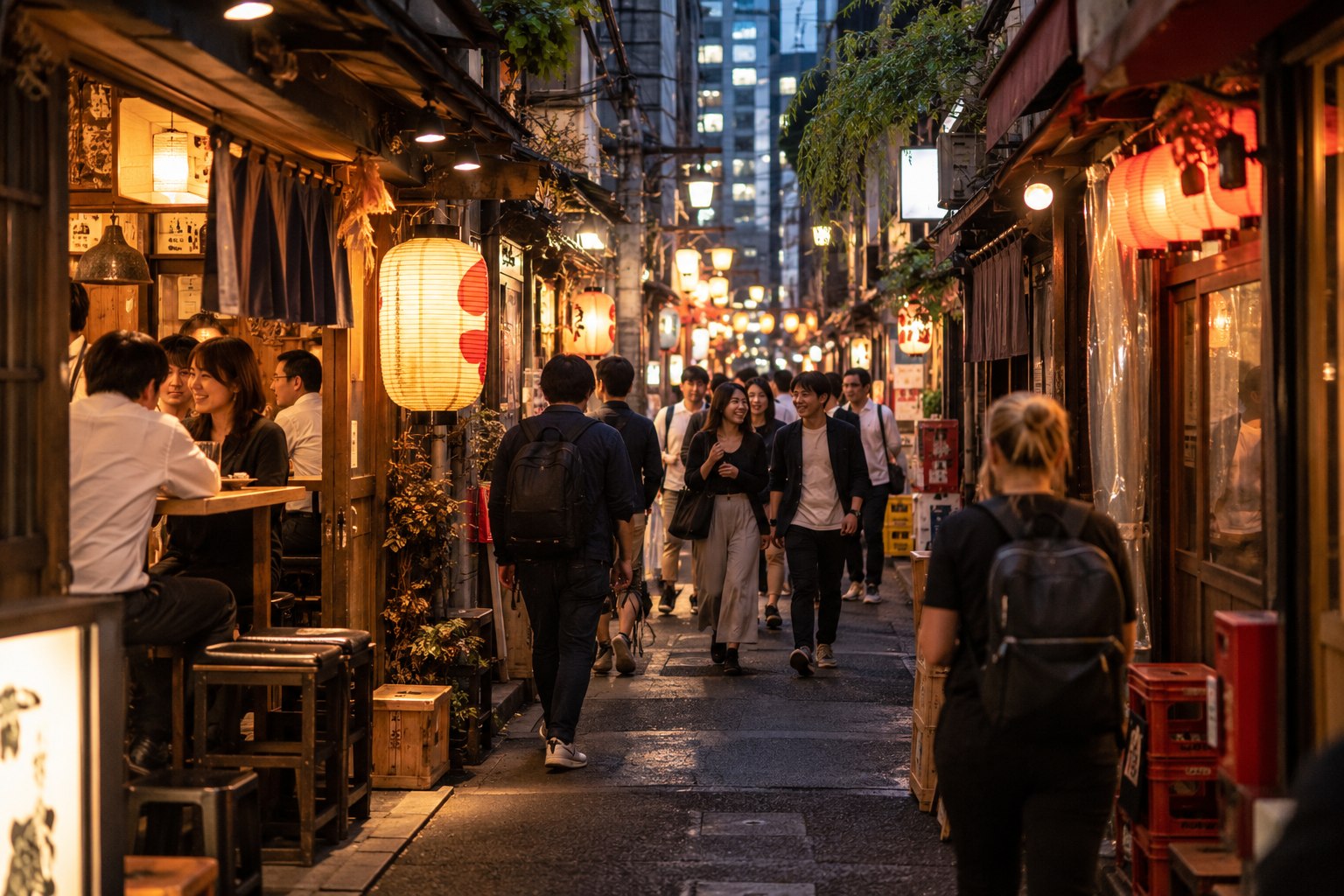 Warmly lit restaurant lane in Shinjuku at night