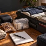 Open suitcase with travel essentials to check against Japan customs rules before flying