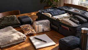 Open suitcase with travel essentials to check against Japan customs rules before flying