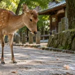 Sika deer beside a plastic wrapper on a Nara Park path, illustrating safe feeding and litter rules