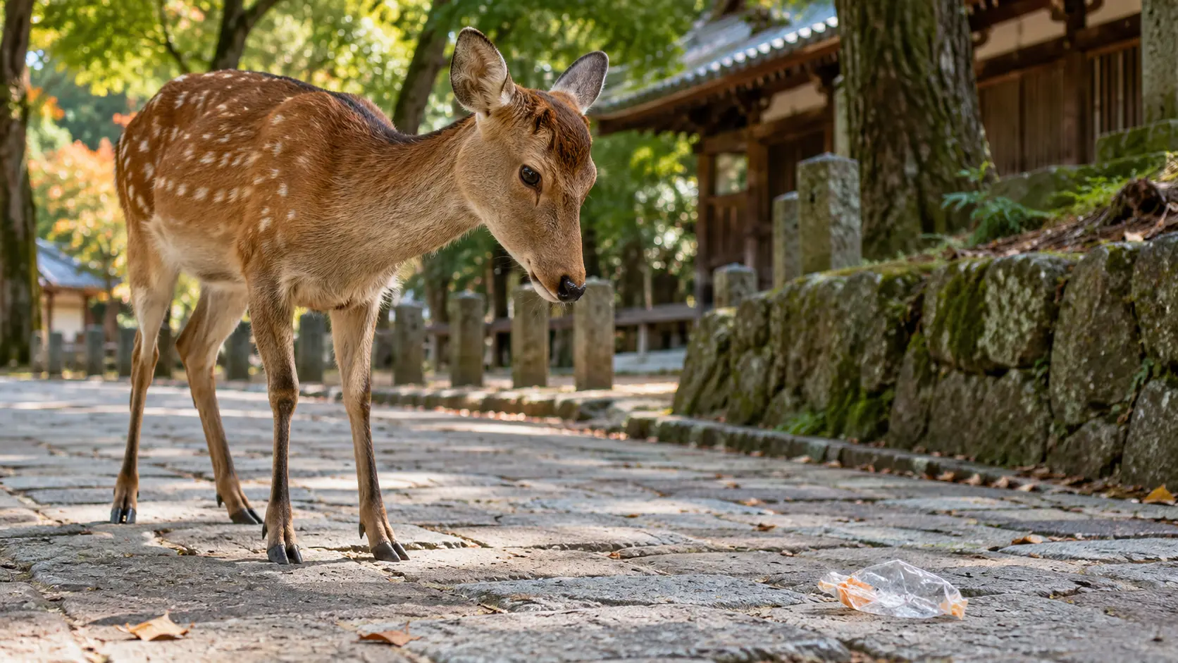 A Nara Park deer standing a short distance from a discarded plastic wrapper on a stone path